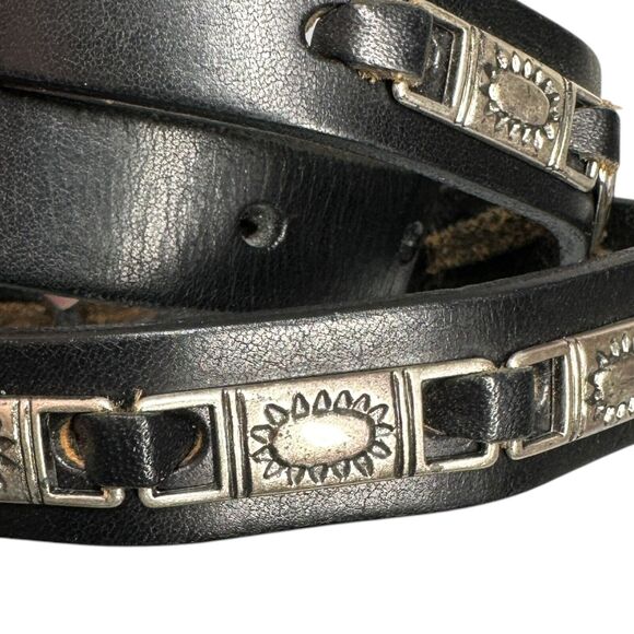 Fossil Black Leather Belt Narrow Silver Tone Metal Plates Womens Size S Western main image 5